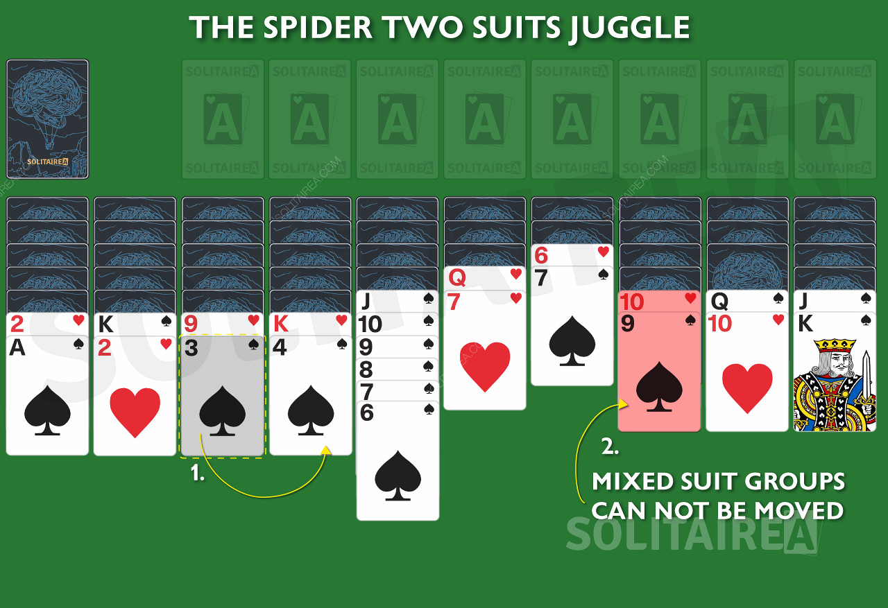 Групите със смесени цветове не могат да бъдат премествани в Spider Solitaire 2 Suits